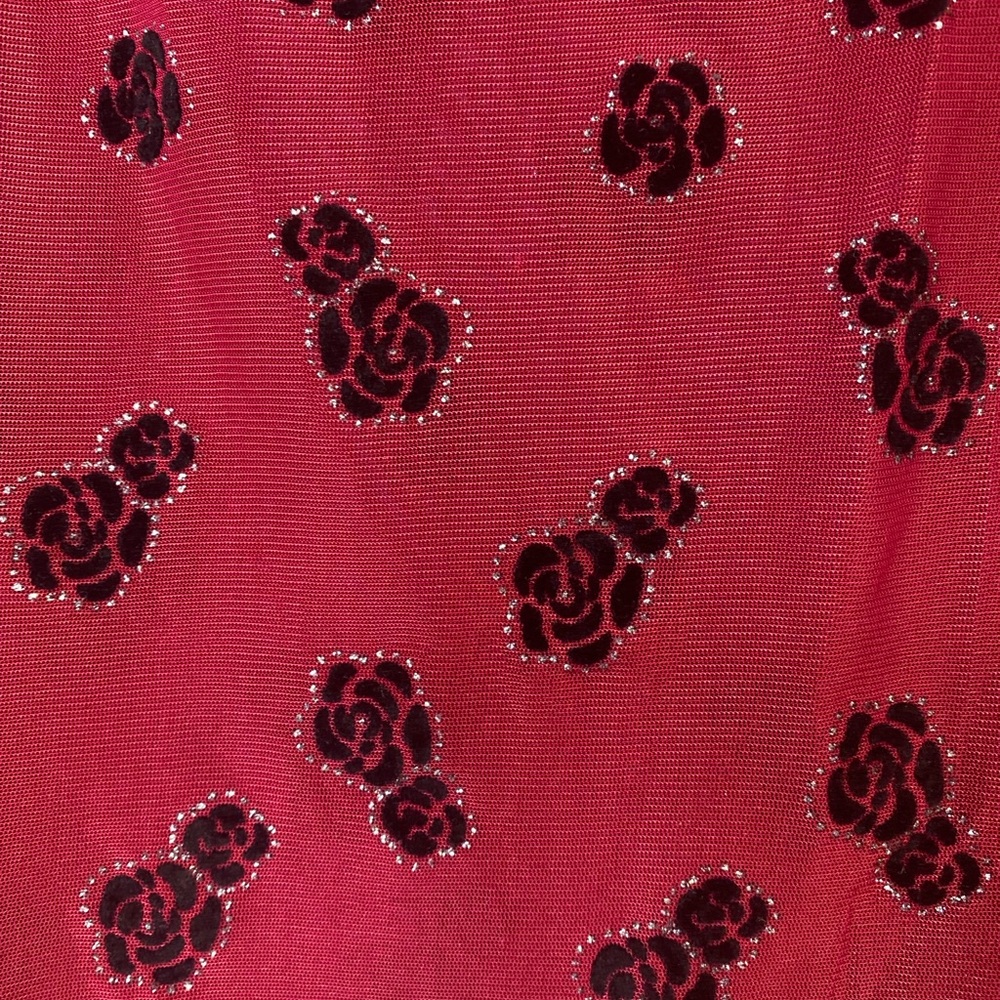 Dark Red Sheer Mesh Blck Floral Rhinestone Long Sleeve Top Y2K Vintage Small - Picture 2 of 7